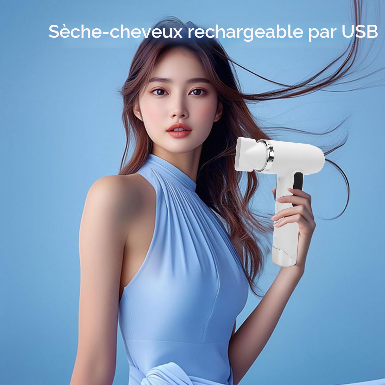 Sèche-Cheveux Sans Fil, Petit Seche Cheveux, 3 Températures, avec Buse et écran Numérique, 100000RPM 15000Mah Batterie Rechargeable USB, pour le Voyage en Dortoir (Blanc)