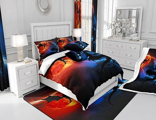 Miniatura 4 de Cool Lightning - Juego de ropa de cama tamaño Queen para niños, juego de edredón gótico de dragón exótico tropical, relleno de edredón azul y luna