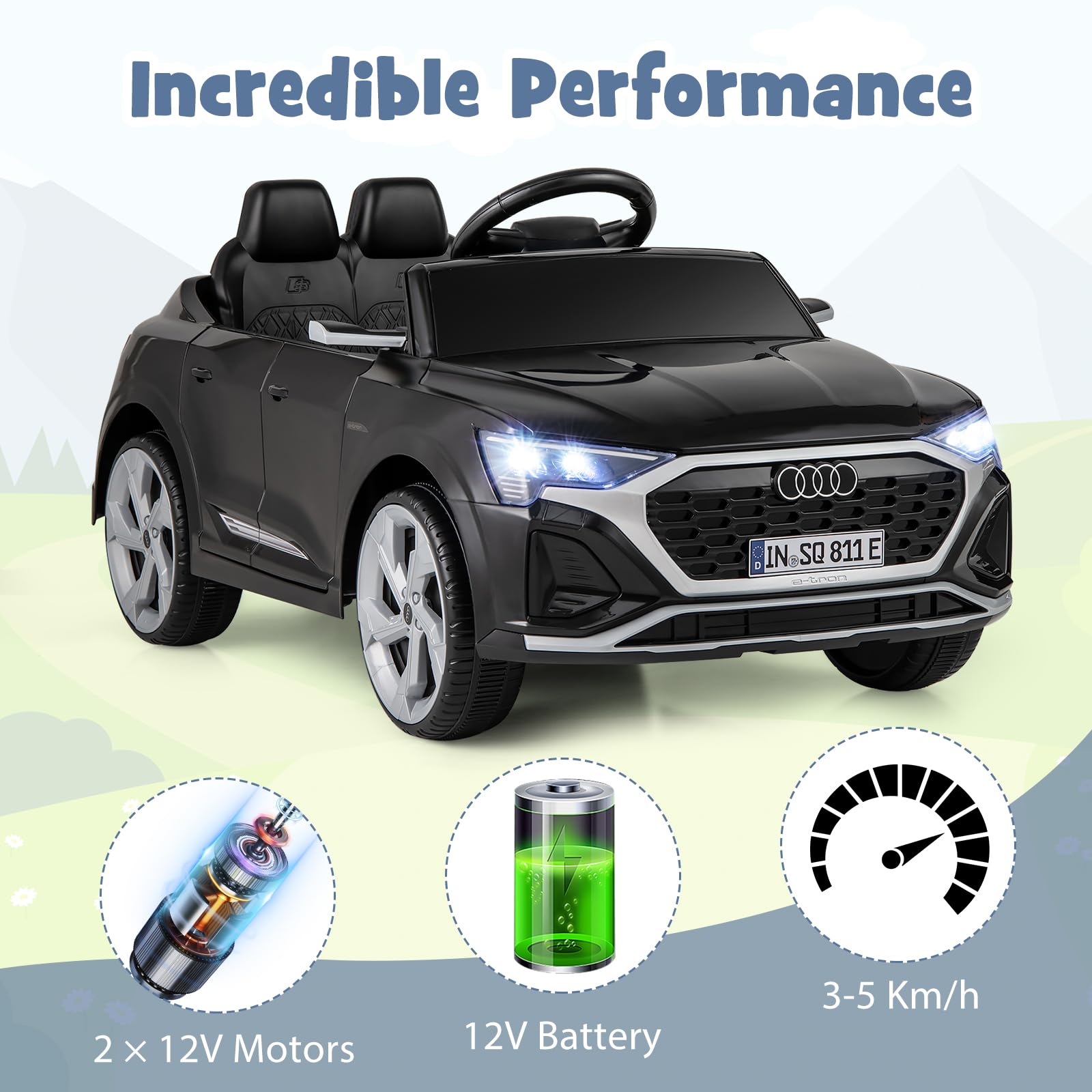 FANTASK Kinder Elektroauto, 12V Kinderauto Audi SQ8 mit 2,4G Fernbedienung & Hupe & Scheinwerfer & Musik, 3-Gang Elektrofahrzeug für Kinder 3-5 Jahre, 3-5 km/h (Schwarz)