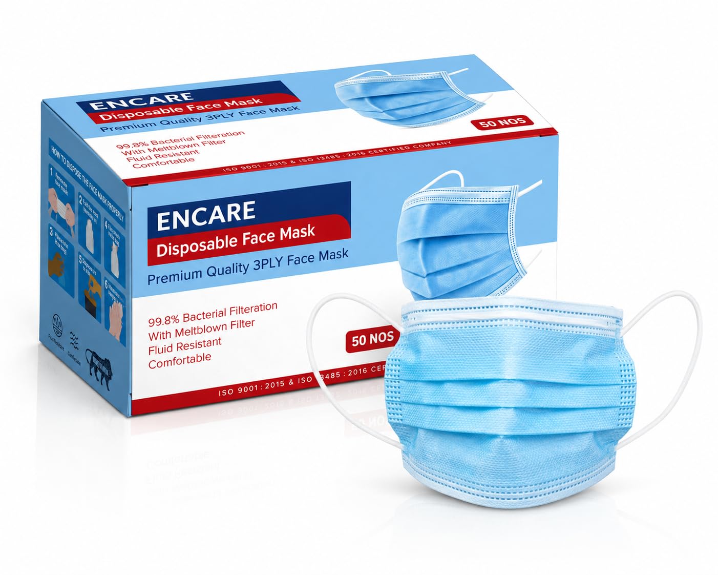 Encare Disposable 3 Ply Face Mask | Breathable Non-Woven Surgical Mask | Dust Protection Face Cover with Nose Clip & Soft Ear Loops | Blue | Daily Use for Travel, Office & Workplace-image-42