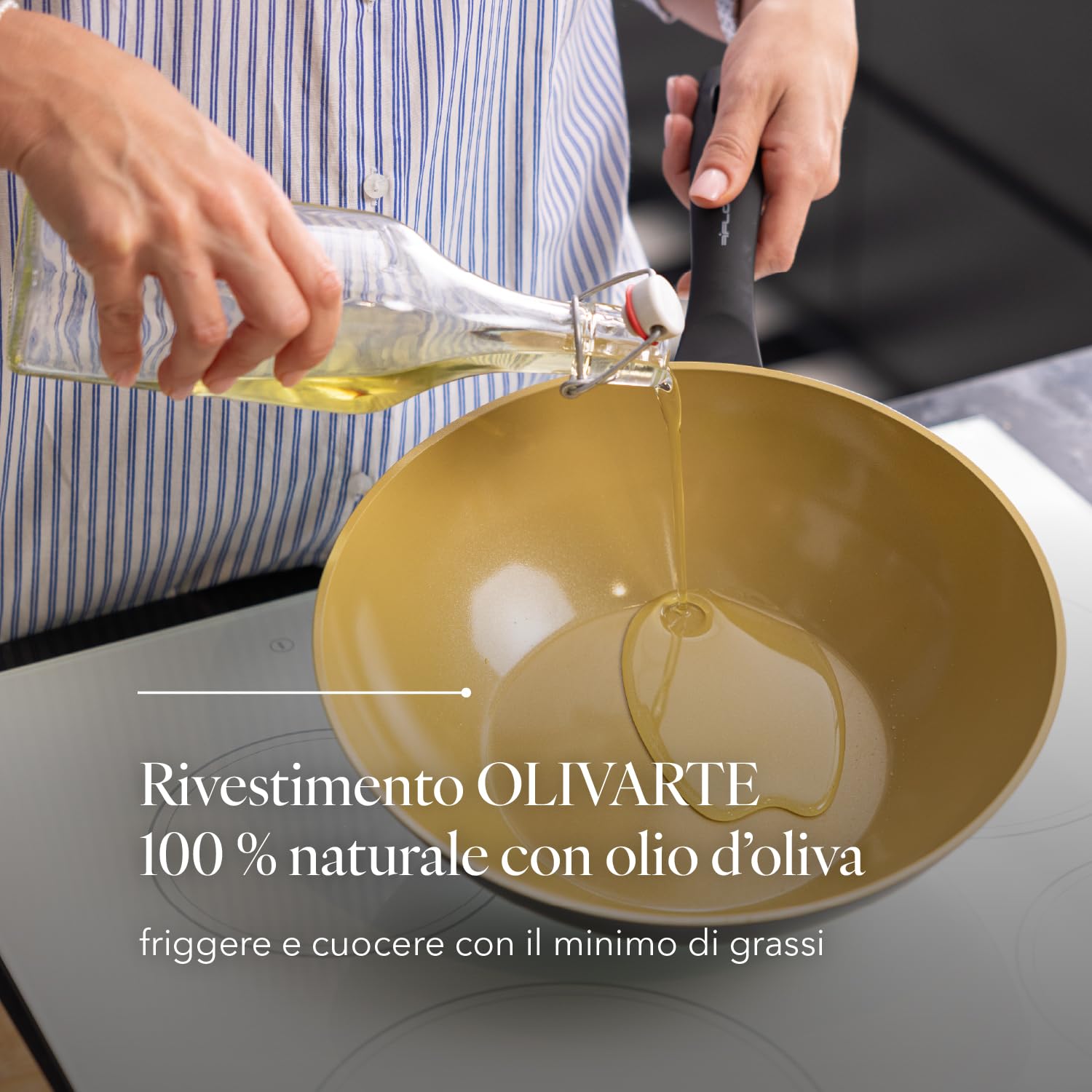 FLORINA AMVEGAN Padella in alluminio WOK 28 cm I Alta durata I Rivestimento in ceramica all'olio d'oliva I Facile da cucinare e da lavare I Per tutti i tipi di piano cottura I Design originale