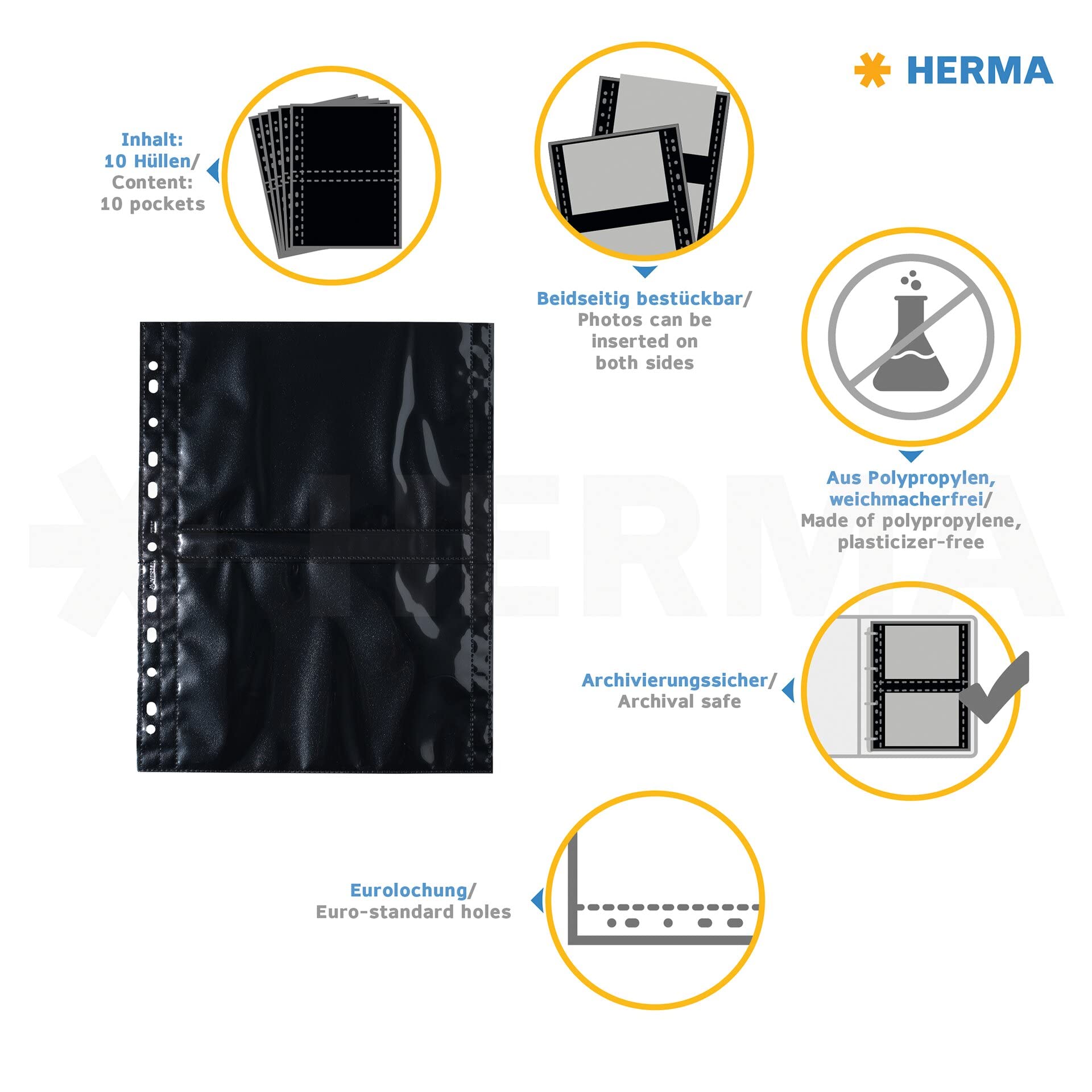 HERMA 7718 Fundas para fotos para carpetas, 250 unidades, 13 x 18 cm horizontal, 2 compartimentos divididos, se pueden equipar por ambos lados, fundas para fotos fotográficas, fundas para tarjetas