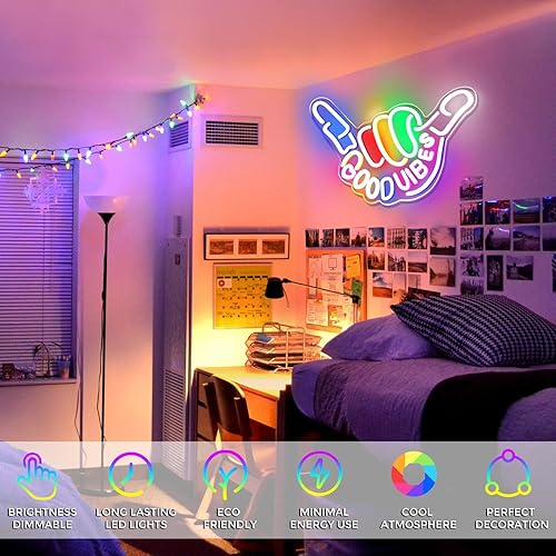 Vista 28 de Good Vibes - Letrero de neón regulable con interruptor de encendido/apagado, letreros de neón alimentados por USB para decoración de pared, letreros