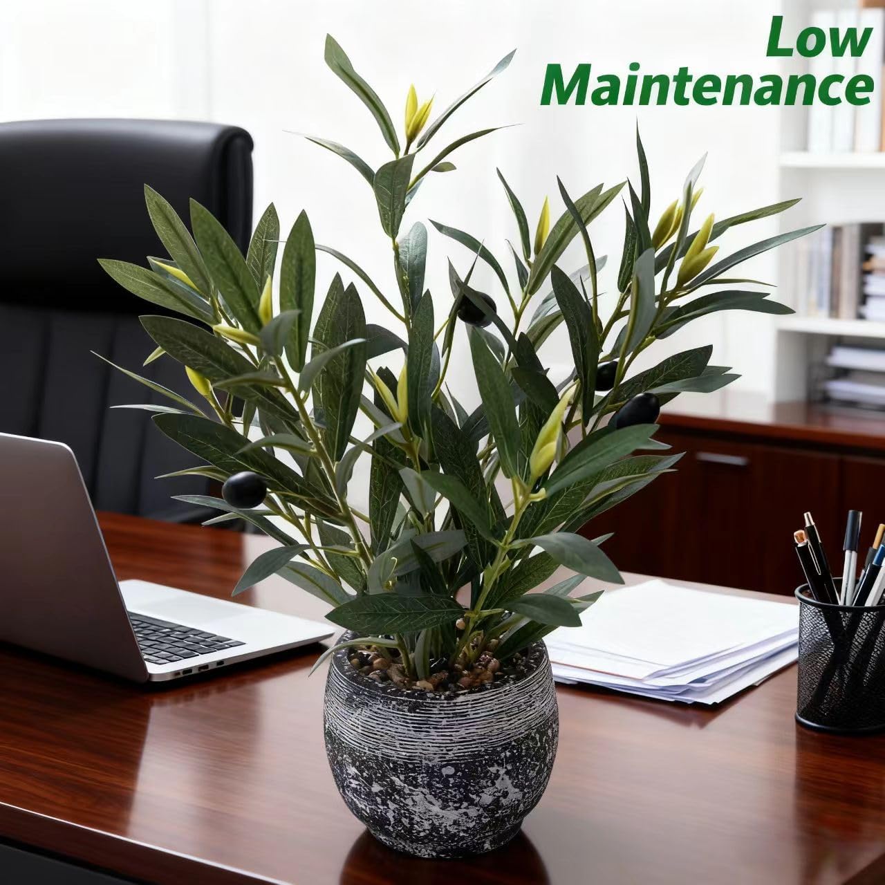 Indoor Faux Olive Plant 12 inch Artificial Silk Leaves in Elegant Planter Perfect Fake Olive Branches with Realistic Trunk and Lifelike Fruits Tabletop Greenery Decor for Home Office - Image 4