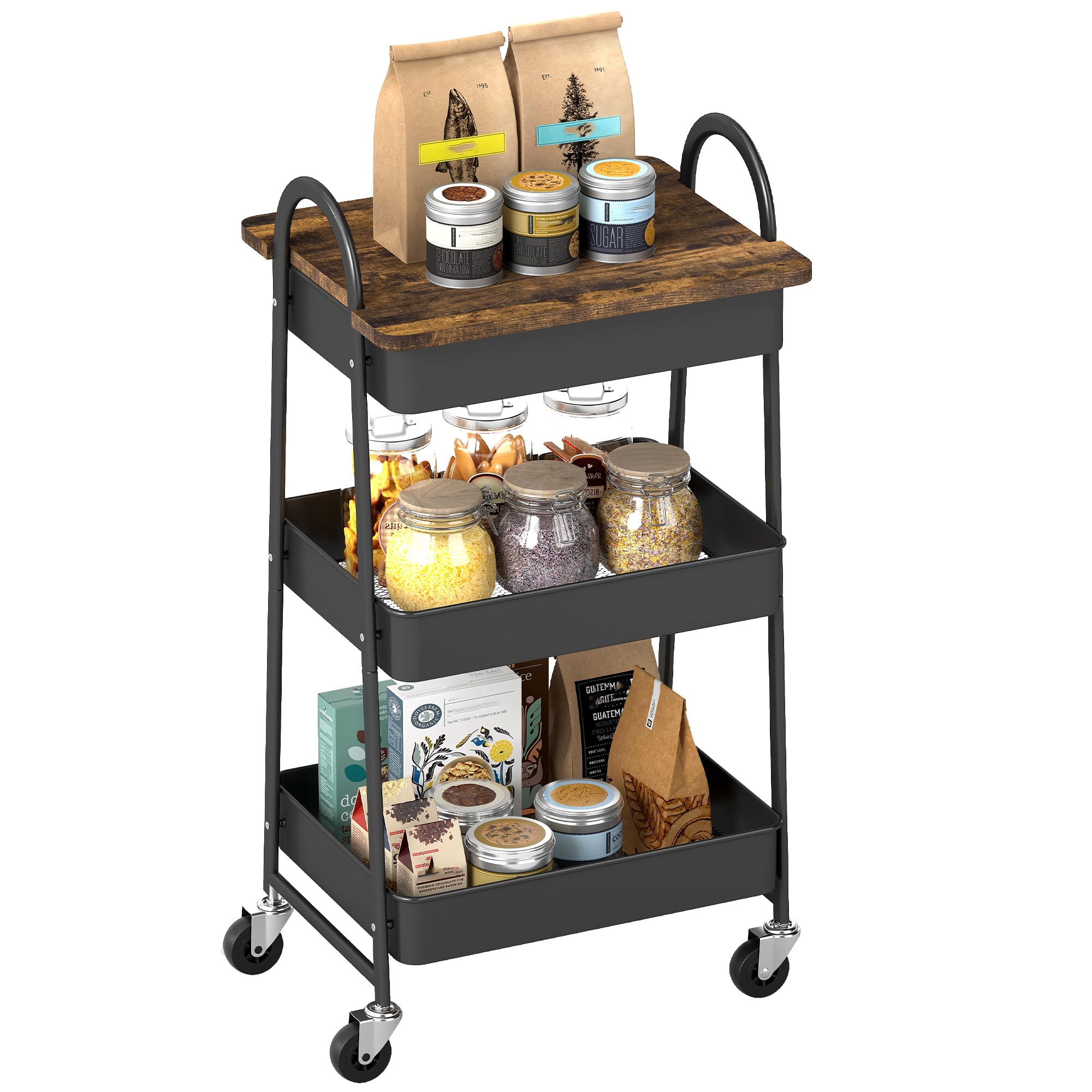 Homcom Brown/Black Rolling Utility Cart With Mesh Baskets For Kitchen Rustic
