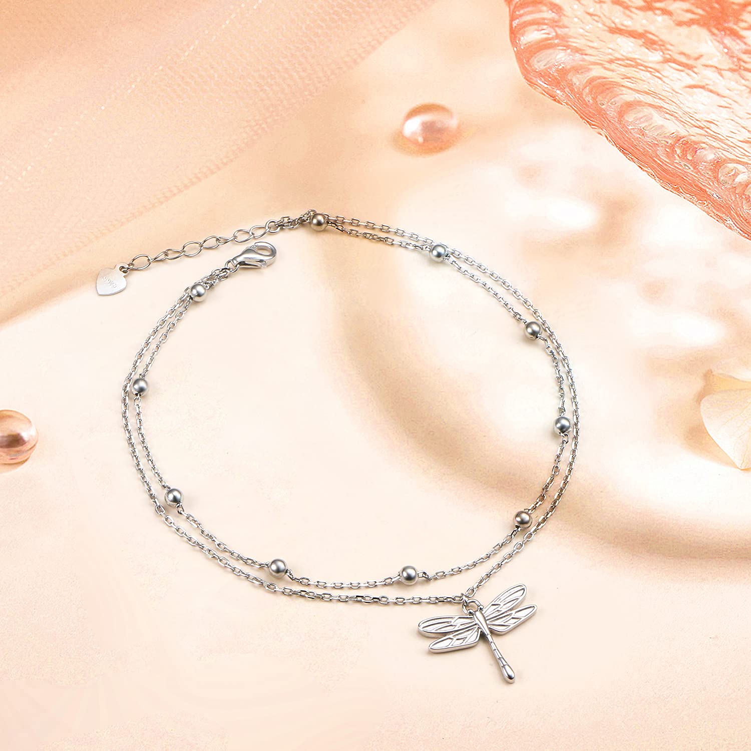 DAOCHONG Libellula farfalla cavigliera S925 argento sterling stratificato carino animali piede perline cavigliere regolabili per gioielli delle donne, Argento sterling