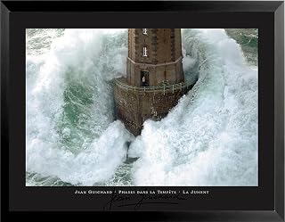 Framed La Jument Phares Dans La Tempete Lighthouse Photograph by Jean Guichard 31.5x23.5 Art Print Poster Wall Decor Famous Image Lighthouse with Crashing Wave Man Standing Outside