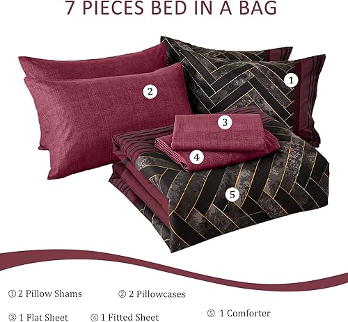 Miniatura 7 de Luxudecor Juego de edredón burdeos tamaño Queen de 7 piezas a rayas rojas y negras en una bolsa, juego de edredón geométrico y sábanas de microfibra
