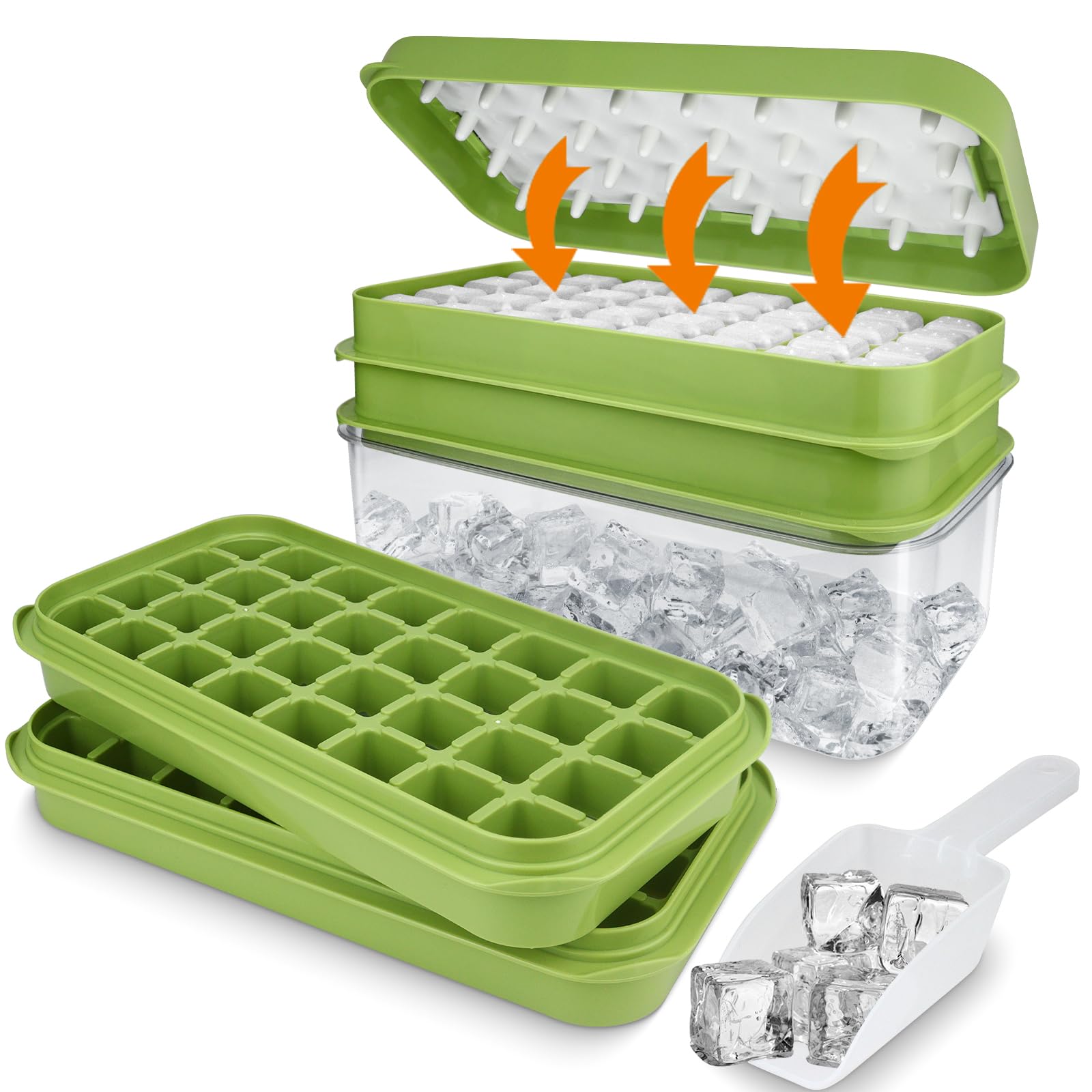 Ice Cube Tray, 64 pcs Food-Grade Silicone Ice Cube Moulds with Lid & Storage & Scoop, Press Type Ice Cube Maker, Release All in One Second, for Freezer Cocktail Whiskey Coffee, BPA Free (Green)