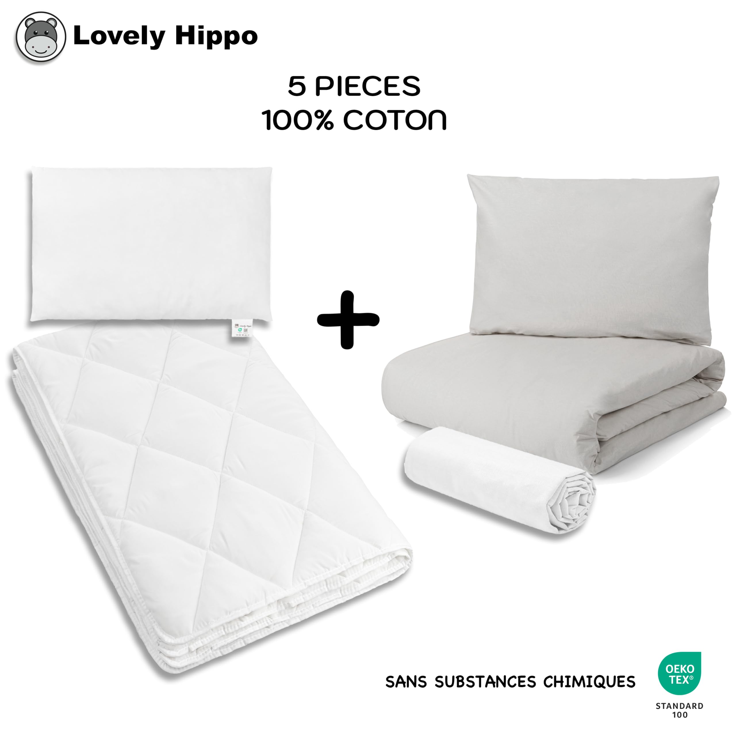 Drap Housse 80x160 (100% Coton) + Couette + Housse de Couette 120x170cm + Oreiller + Taie Oreiller 40x60cm - Parure 80x160 pour Lit Cabane (Blanc/Gris, Parure 80x160 cm (5 pièces))