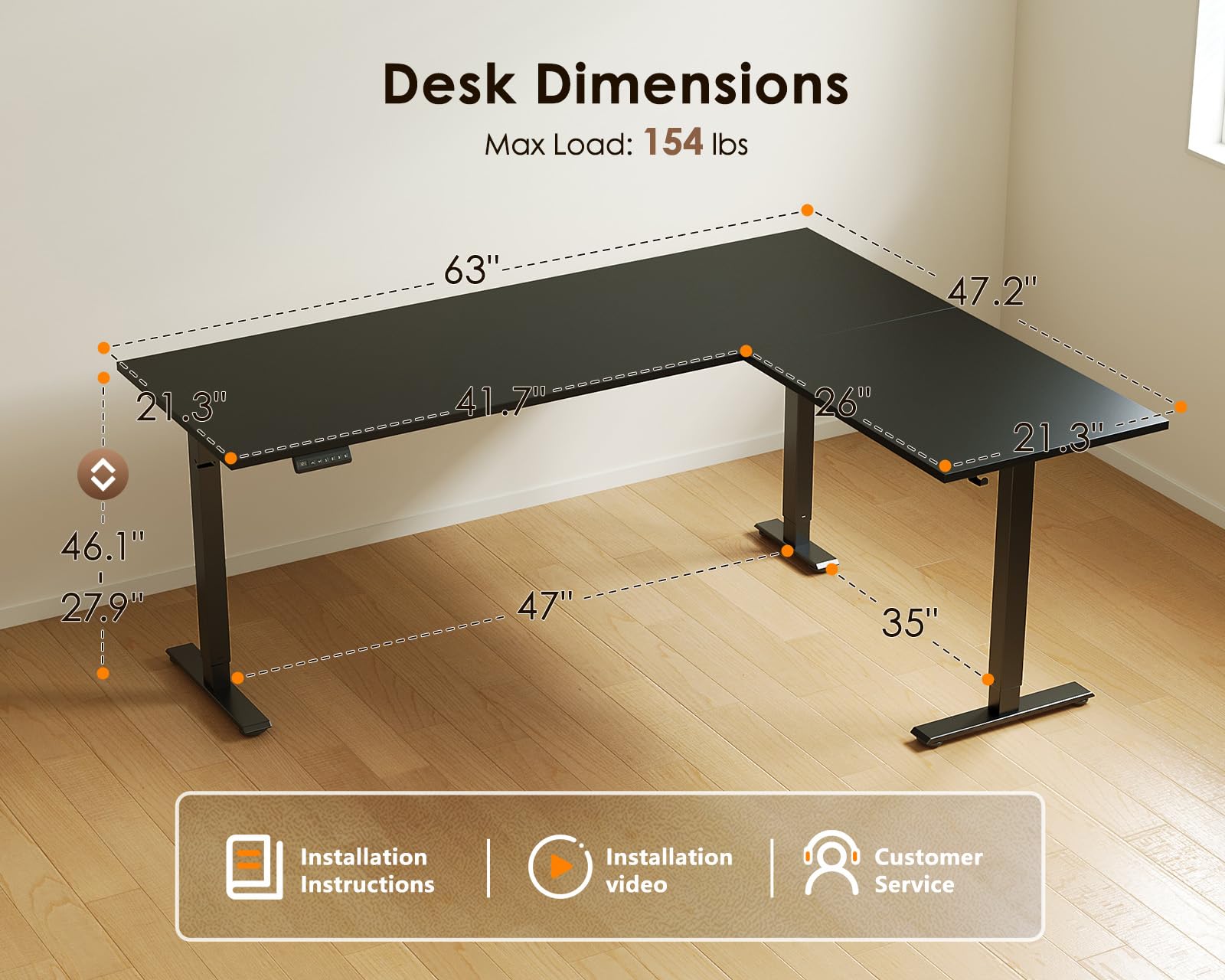 OffiGo 63 Inch Reversible L Shaped Electric Standing Desk Height Adjustable Corner Stand up Desk Ergonomic Large Lift — view 3