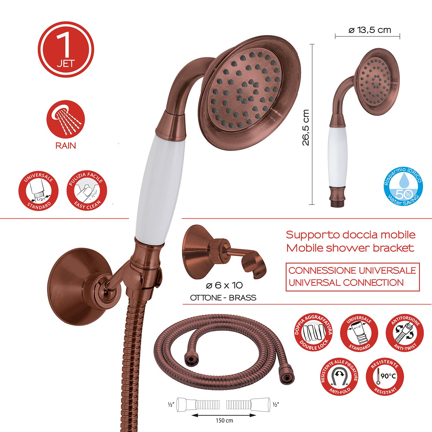 Gedy Liberty 02 Shower Kit, ABS, Copper, 25 x 17 x 88, 25x17x88 - Image 3
