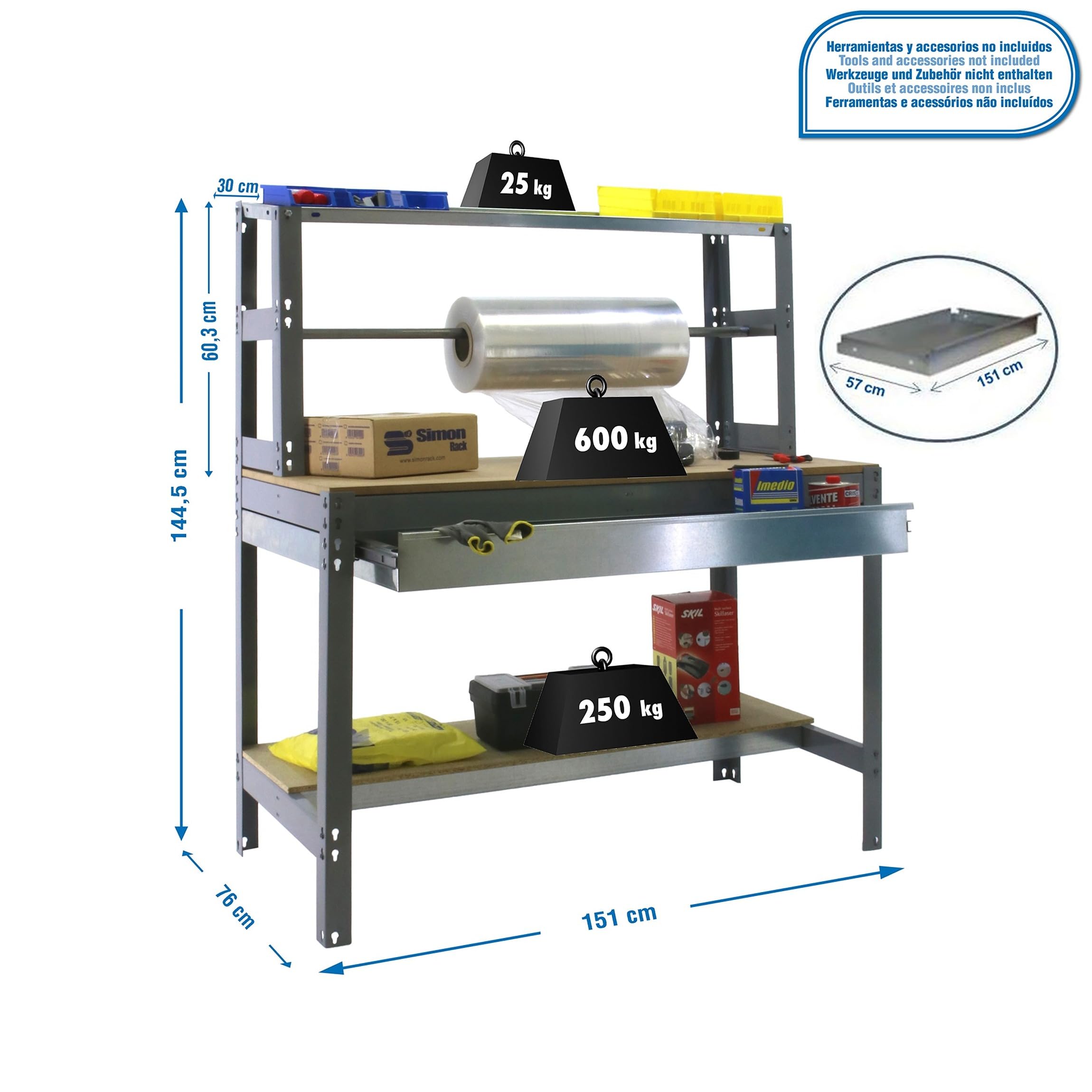 Simon Rack Banco de Trabajo con Porta Rollo y cajón 1510x760 mm - BT4 | Tablero madera 16 mm, Capacidad Carga 600 kg, Gris , Pintura anticorrosión, Montaje sistema clic