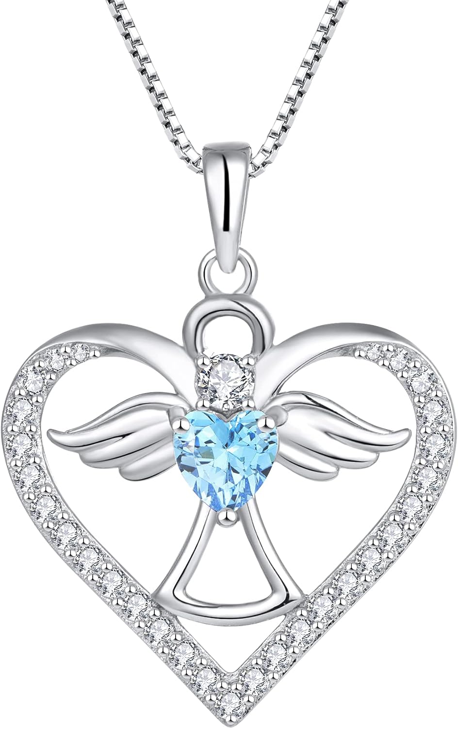 FJ Guardian Angel Necklace 925 Sterling Silver Heart Angel Wings Pendant Birthstone Jewelry for Women
