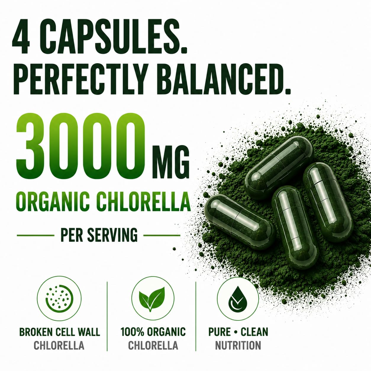 Chlorella Capsules 3000 mg - Cracked Cell Wall Blue Green Algae Supplement - Best Natural Detox Cleanse - Plant Vitamins Minerals Chlorophyll Vegan Protein Powder Pills - Made in USA — Amazon image 5