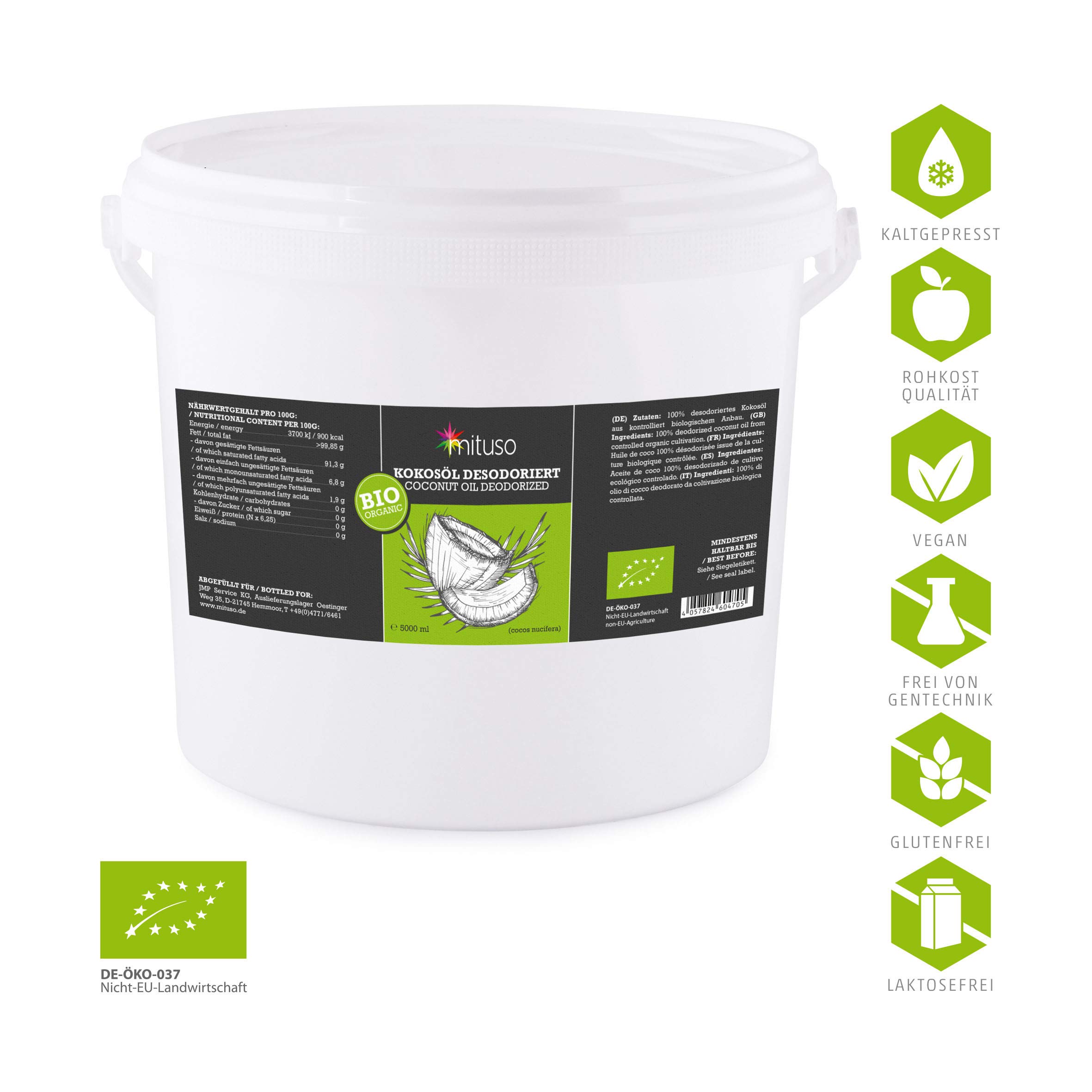 mituso - aceite de coco orgánico mituso, insípido (desodorizado), 1 paquete (1 x 5000 ml) en un práctico cubo