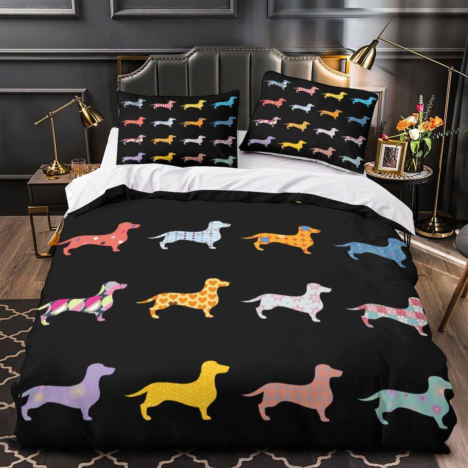 Housse de couette teckel 220x240 cm en microfibre avec 2 taies d'oreiller
