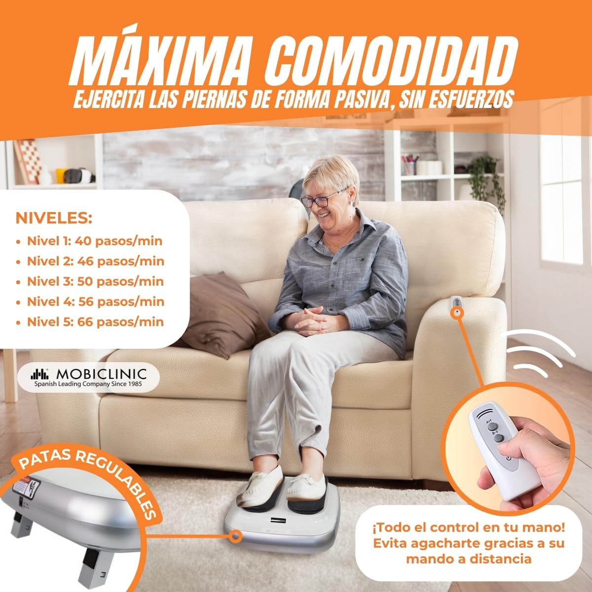 Mobiclinic, Ejercitador de Piernas, Eléctrico, Legfit, Pedales Estáticos, Gimnasia Pasiva, Andar Sentado, 5 Velocidades, con Mando a Distancia, Velocidad Regulable, Silencioso, Blanco