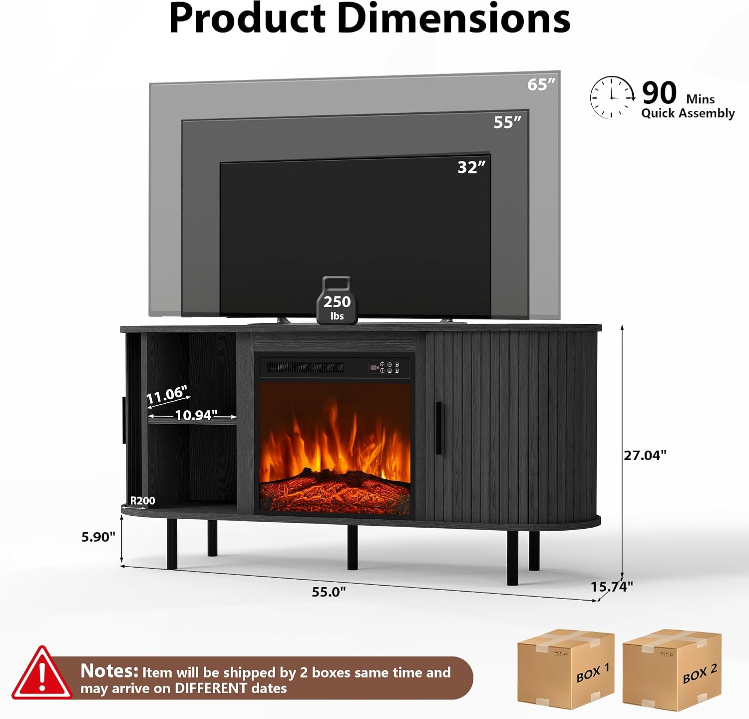 55" Fireplace TV Stand Electric Entertainment Center for TV Up to 65", Mid Century Modern Fireplace TV Console Cabinet, Black Curved Fluted Doors TV Stand with 18" Fireplace for Living Room Bedroom