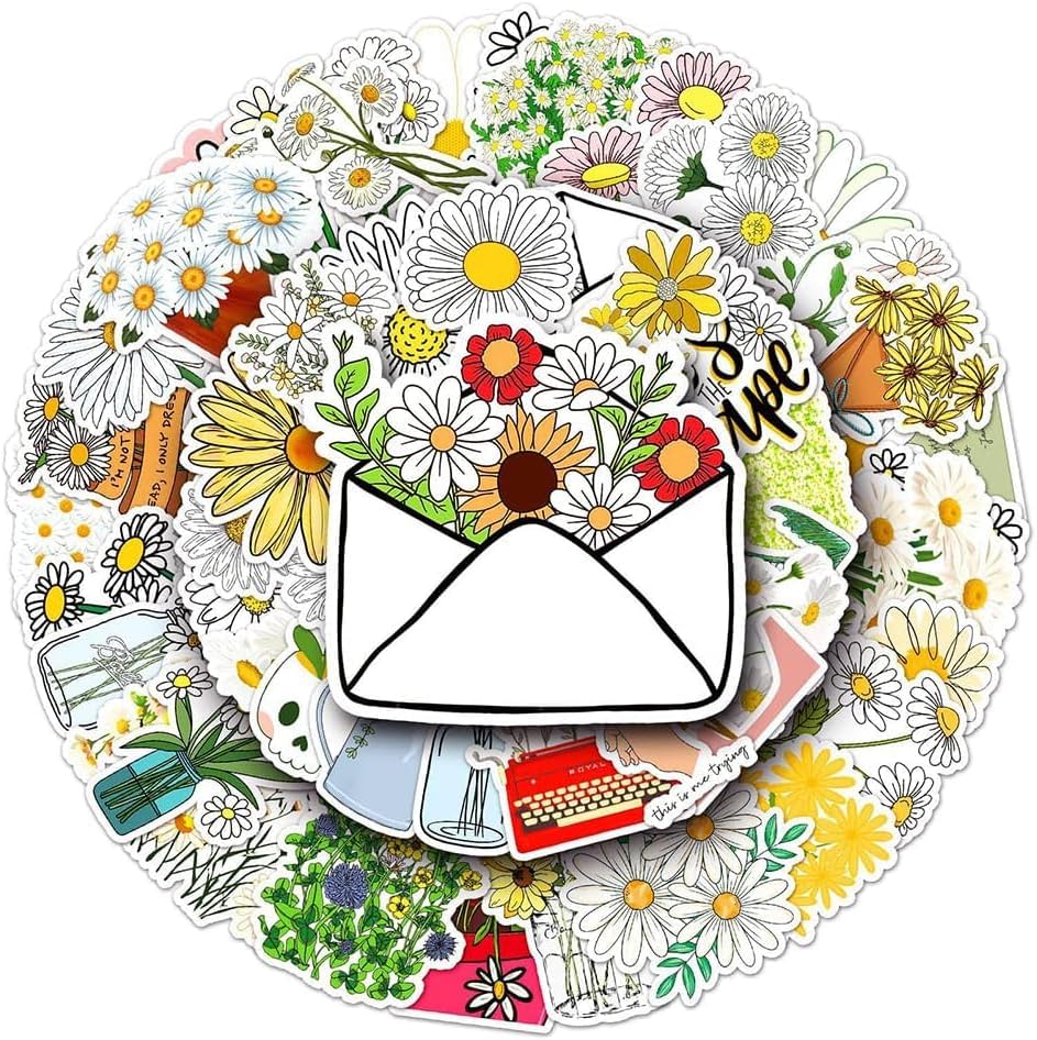 Daisy Stickers for Teens Boy Girls Kids|50 Pcs|Vinyl Waterproof for Laptop Computer Phone Tablet Luggage Flasks Water Bottle Scrapbook Bike Car,Cartoon Flowers