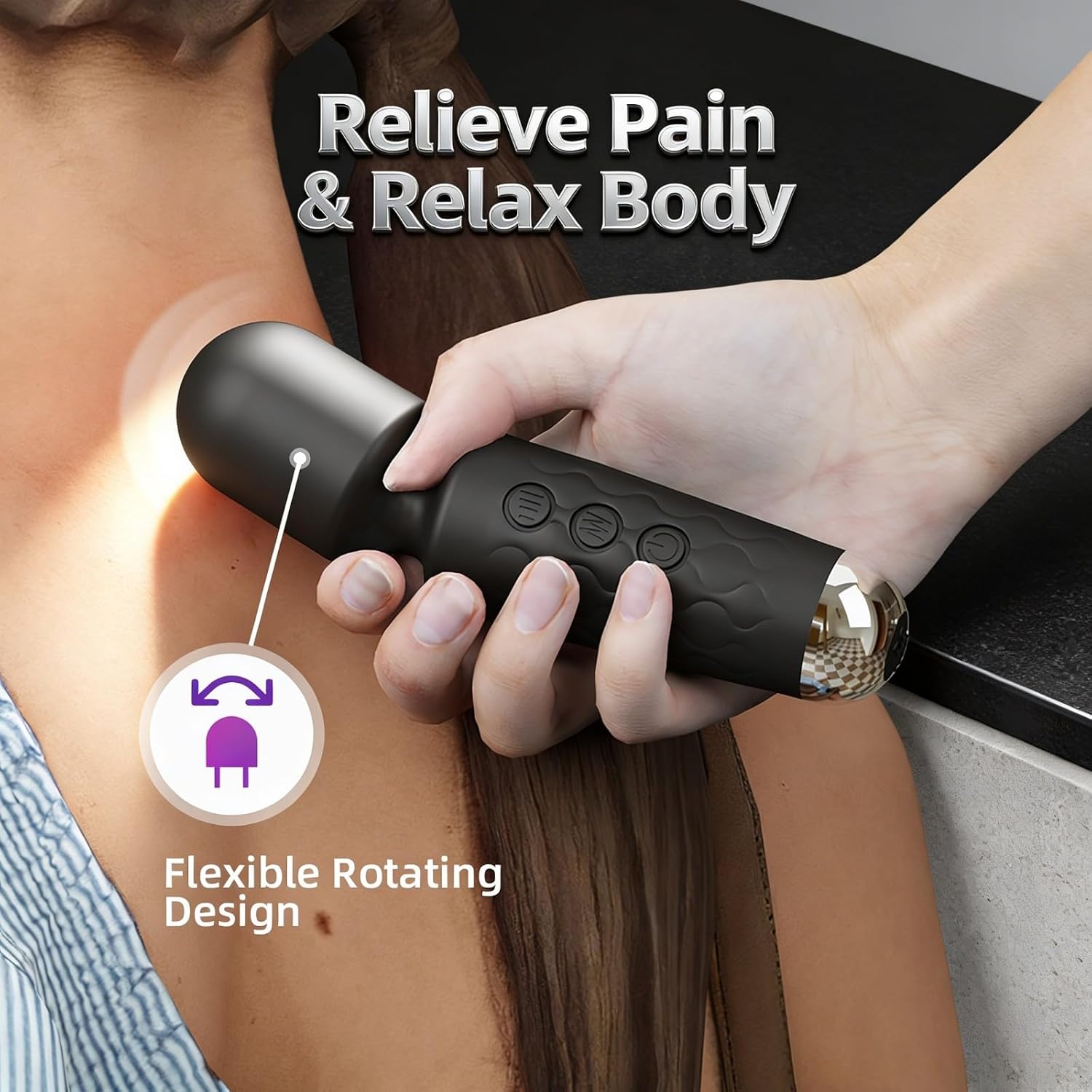 Massage Stick Portable Handheld Mini Relaxation Massage Wand,Waterproof Rechargeable,Back Neck Legs Muscles Relaxation,Home Travel,Strong Powerful Compact (Black)