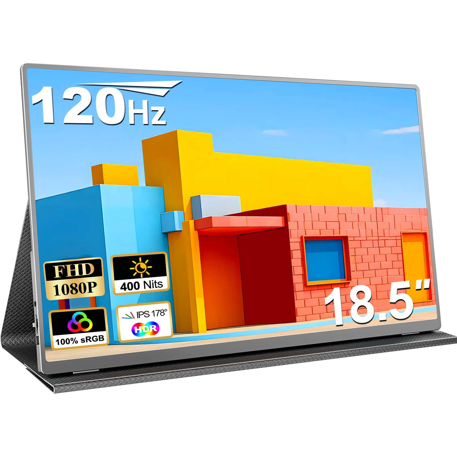 18.5 Inch Portable Monitor for Laptop, 1080P FHD 120Hz 125% sRGB USB-C HDMI Travel Monitor for Laptop Mac PC, Portable Screen with Smart Cover, VESA Compatible