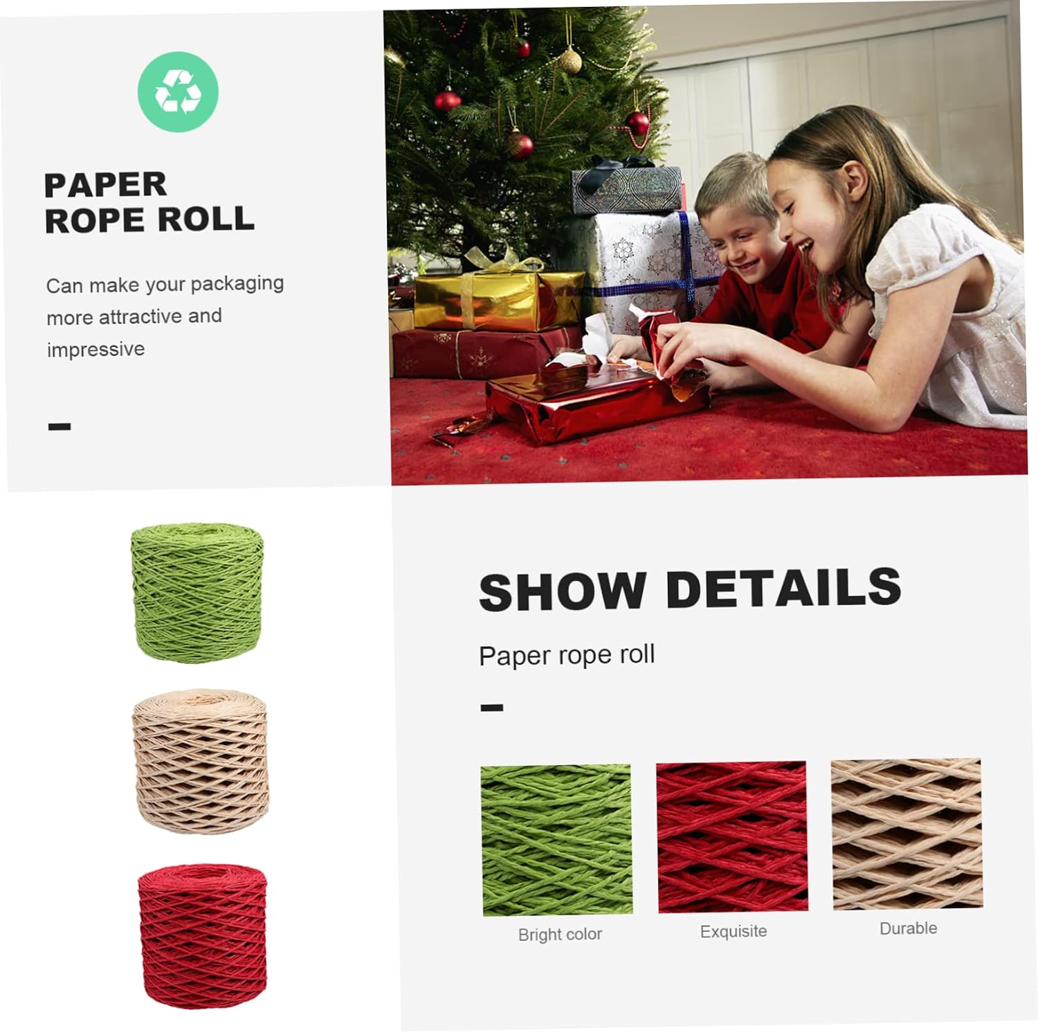 3rolls Eco-Friendly Raffia Paper Ribbon Total for Gift Wrapping DIY Crafts and Decoration Colors Earth Fruit Green Red