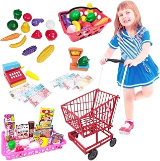 Carrinho De Compras Mercado Brinquedo Frutas E Acessórios Carrinho De Feira Infantil Com Balança E Caixa Registradora Menina Menino Kit Vermelho