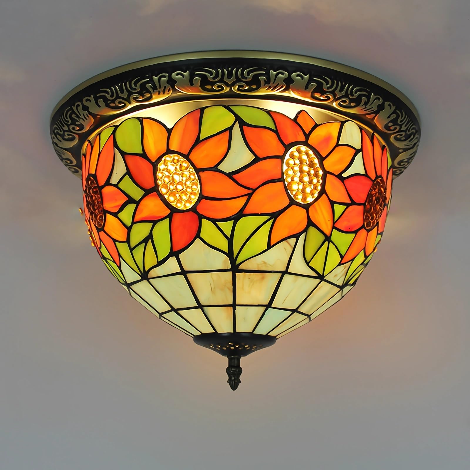 WDBZTJ Tiffany Style Ceiling Light Flush Mount, 15 inch Stained Glass Ceiling Lamp, E27 Bulb, Vintage LED Chandeliers for Living Room Bedroom(F2)