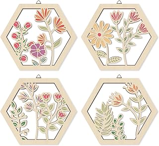 HOURIA 4 PCS Boho Flower Wall Art,Watercolor Wildflower Wooden Wall Hang...