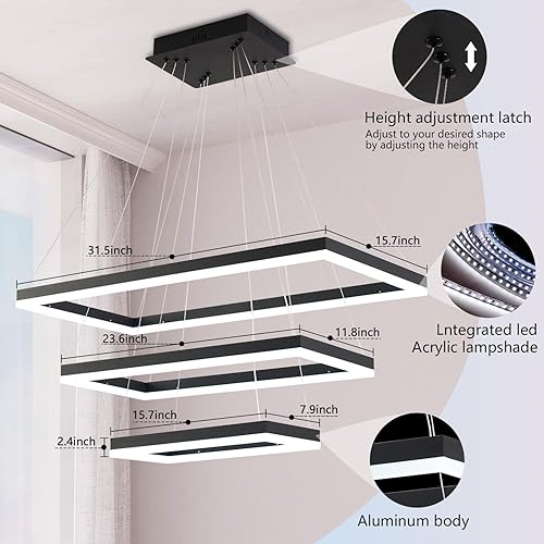 Miniatura 7 de Candelabro LED, candelabros modernos negros para comedor, lámpara rectangular grande de 3 anillos LED moderna para comedor, lámpara de araña