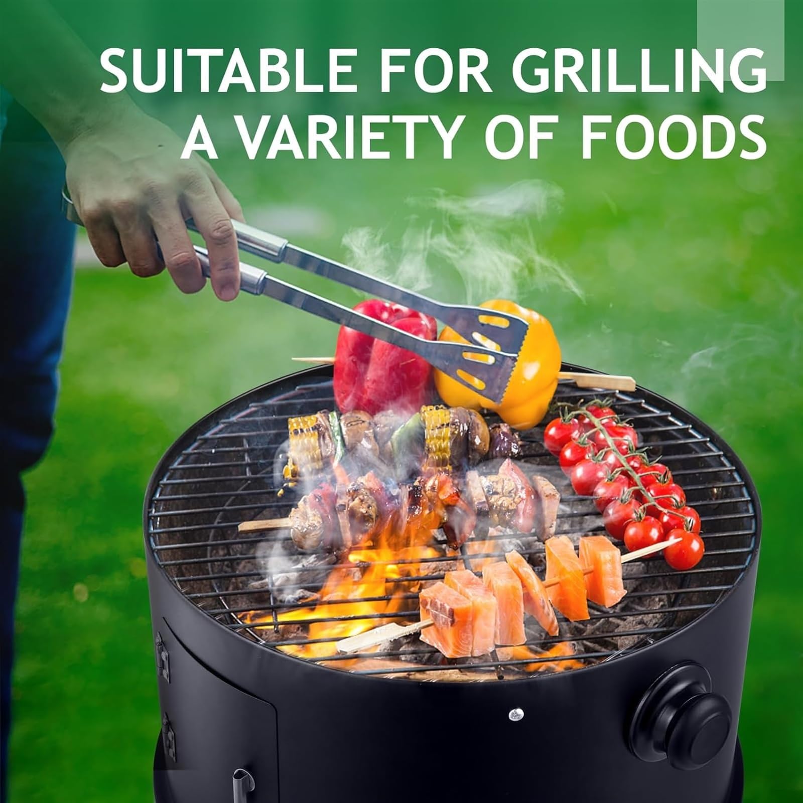 Barbecue portatile 3 in 1 a carbonella, 81,3 cm, affumicatore verticale per esterni, con termometro integrato e ganci, griglie a carbone con affumicatore per carne, per cucinare all'aperto, grigliare,