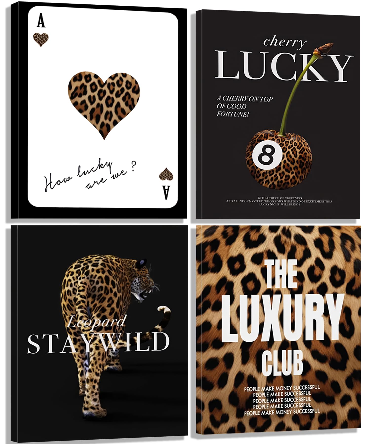 Photo 1 of KBIERQN 4pcs Trendy Leopard Prints Canvas Wall Art Lucky 8 Ball Poster Preppy Room Stay Wild Cheetah Pictures Luxury Club Poster for Girls Bedroom Apartment Dorm Wall Decor 16x24In Framed