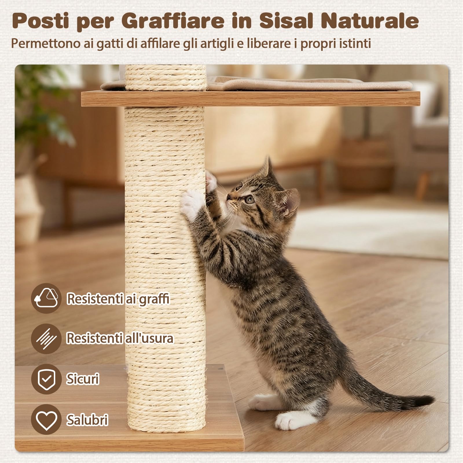 COSTWAY Albero per Gatti Moderno Alto 148 cm, Tiragraffi per Gatti con Tiragraffi in Sisal, Condo, Ampio Trespolo, Cesto, Giocattolo, Moquette e Cuscini Lavabili, Grande Torre da Arrampicata in Legno