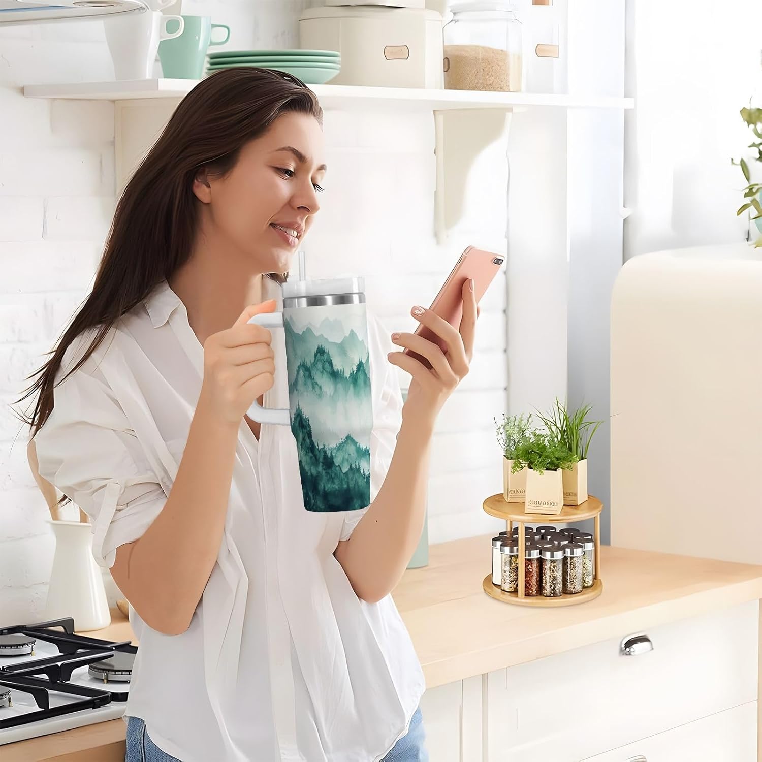 Nander 40oz Smoky Green Mountains Tumbler with Handle and Straw Lid,Insulated Coffee Cup Reusable Stainless Steel Water Bottle Travel Mug Cupholder,Keeps Cold or Hot - Image 7