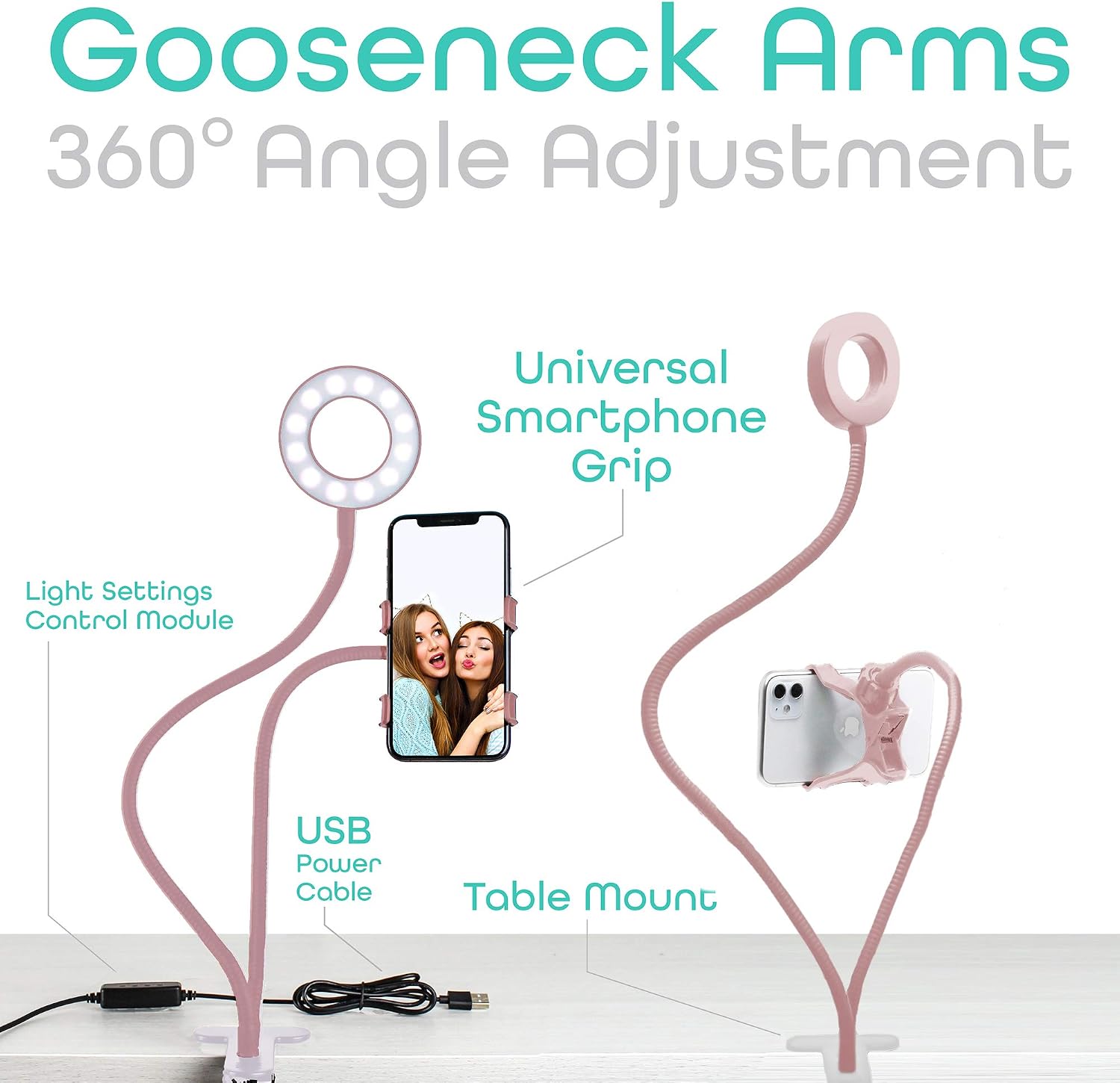 Aduro U-Stream Selfie Ring Light with 24” Gooseneck Stand & Cell Phone Holder, Social Media Influencer Live-Streaming Phone Mount and Light Kit (Rose Gold)
