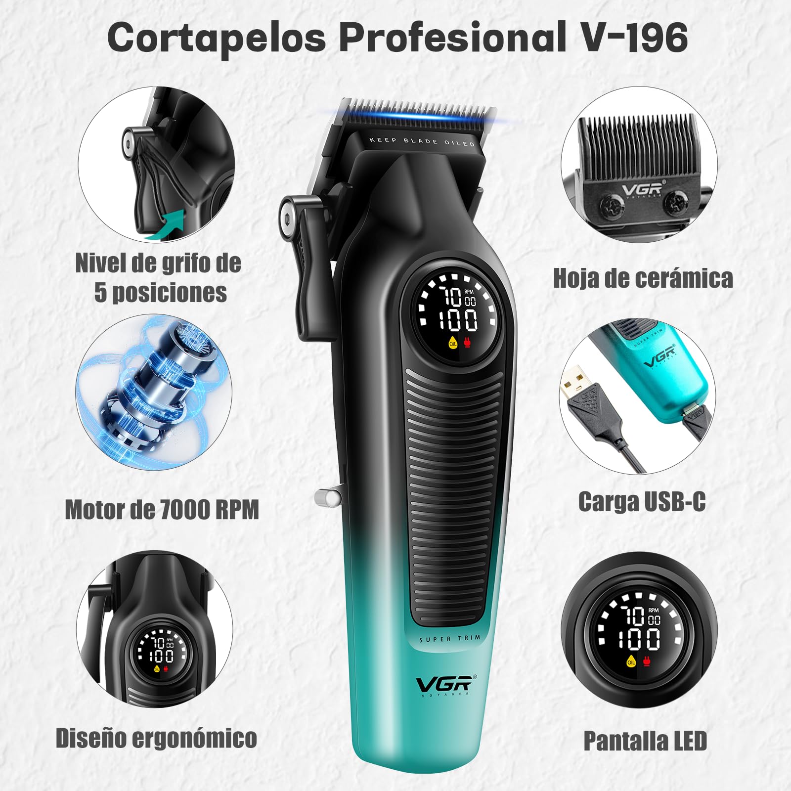 VGR 196 & 996 Set de Maquina Cortar Pelo Profesional, Kit de Maquina, Verde | Cortar Pelo Hombre Inalámbrico con Cuchillas de Cerámica Recubiertas de Titanio, Pantalla LED, 10 Peine Guías y 1 Peine