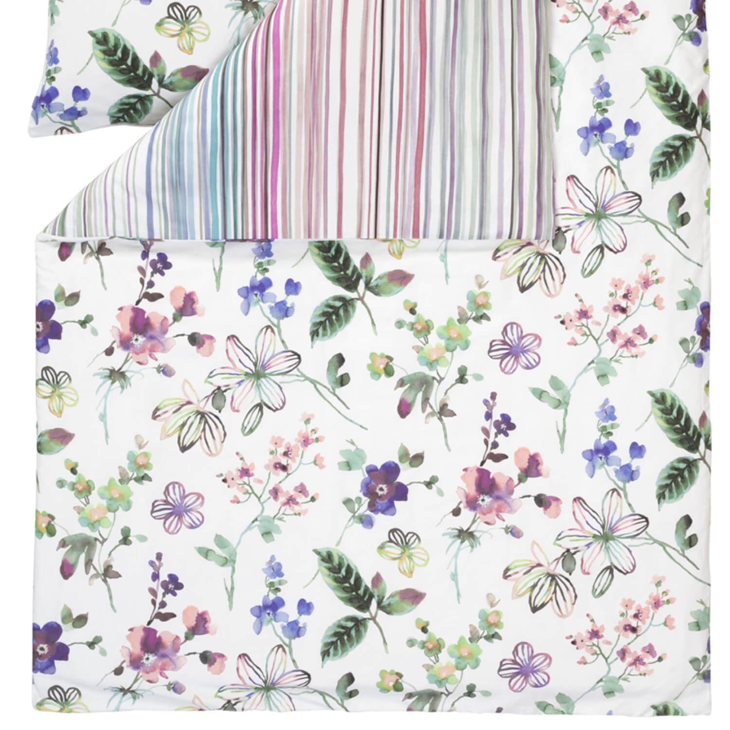 ESTELLA Bettwäsche Lily 4747 985 Bunt Blumen Blüten Blätter Weiß Gestreift Aquarell Streifen Mako Satin, Größe:135 cm x 200 cm