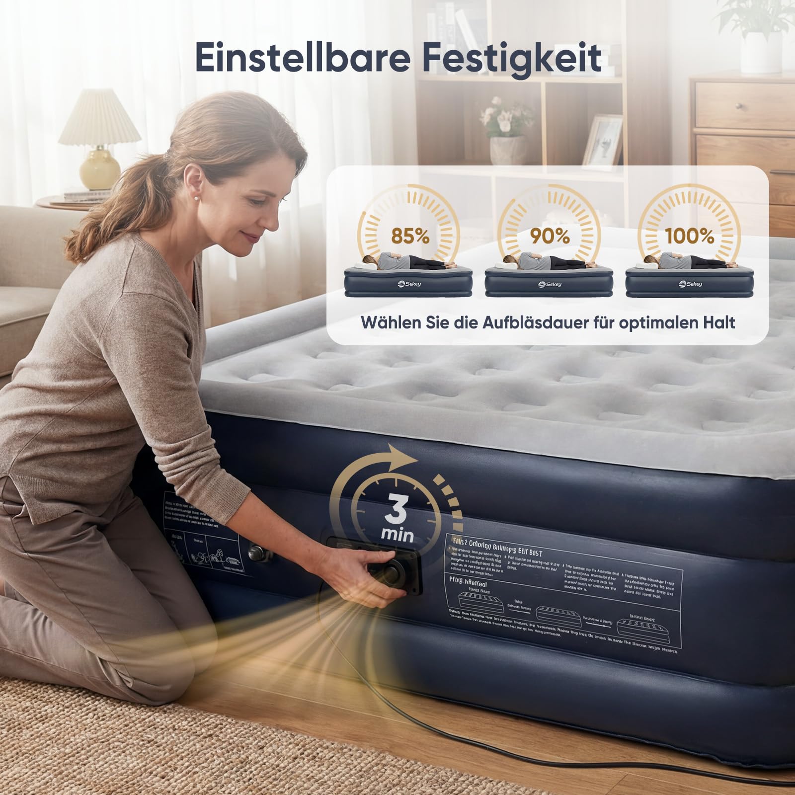 Sekey Materasso Gonfiabile Matrimoniale XXL 203×152×46 cm, Letto ad Aria Alto con Pompa Elettrica Integrata, Durezza Regolabile, Letto Ospiti Stabile e Gonfiaggio Rapido