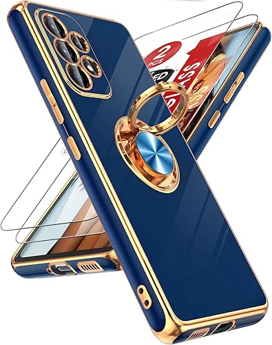 LeYi Funda para Samsung Galaxy A53 5G con protector de pantalla de vidrio templado (paquete de 2) Soporte de anillo giratorio de 360, soporte