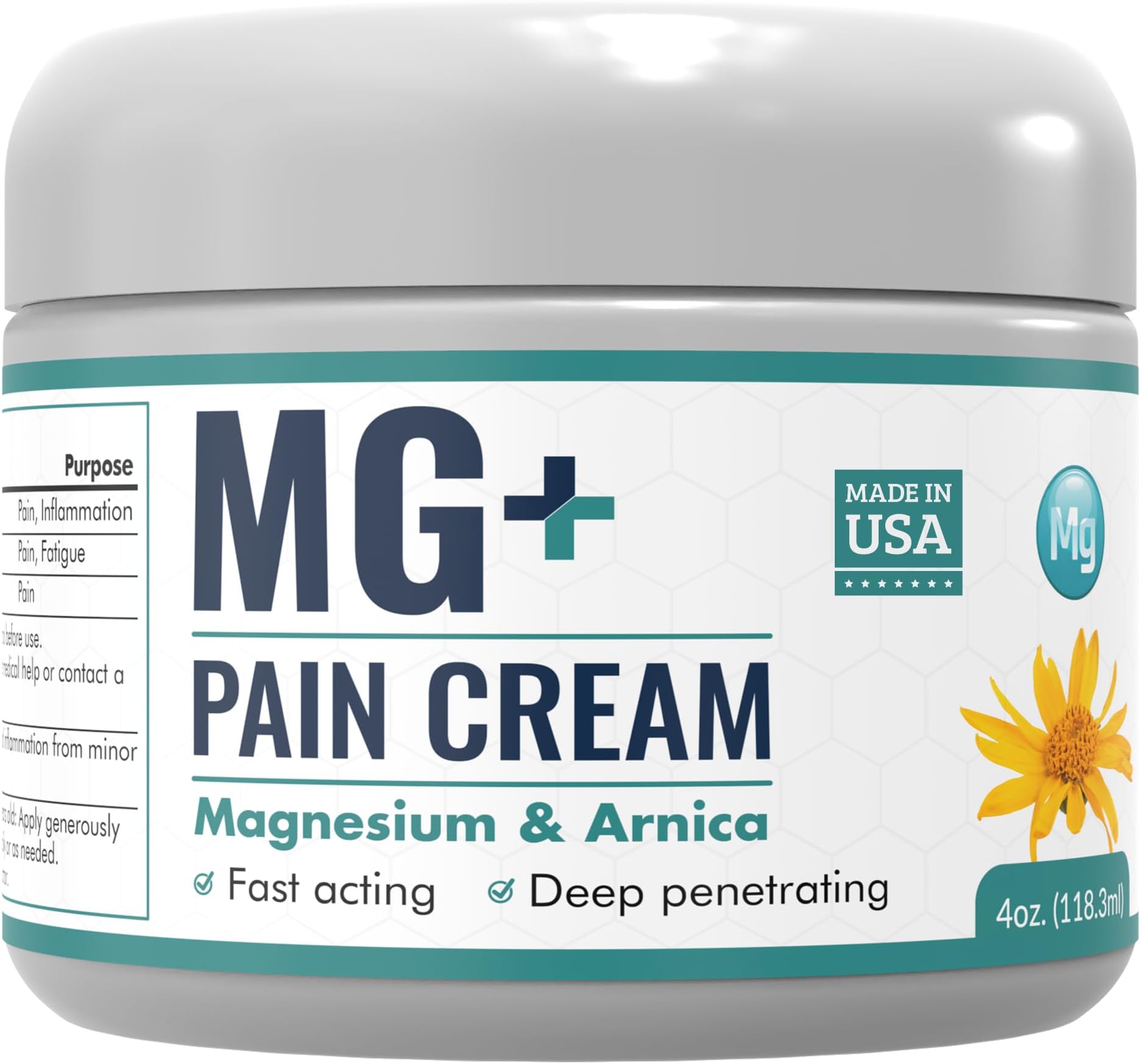 MG+ Magnesium Cream Pain Relief - Extra Strength Magnesium and Arnica Cream - 4 OZ Tub - Neuropathy, Muscle Pain, and Leg Cramps Relief - 1 Pack