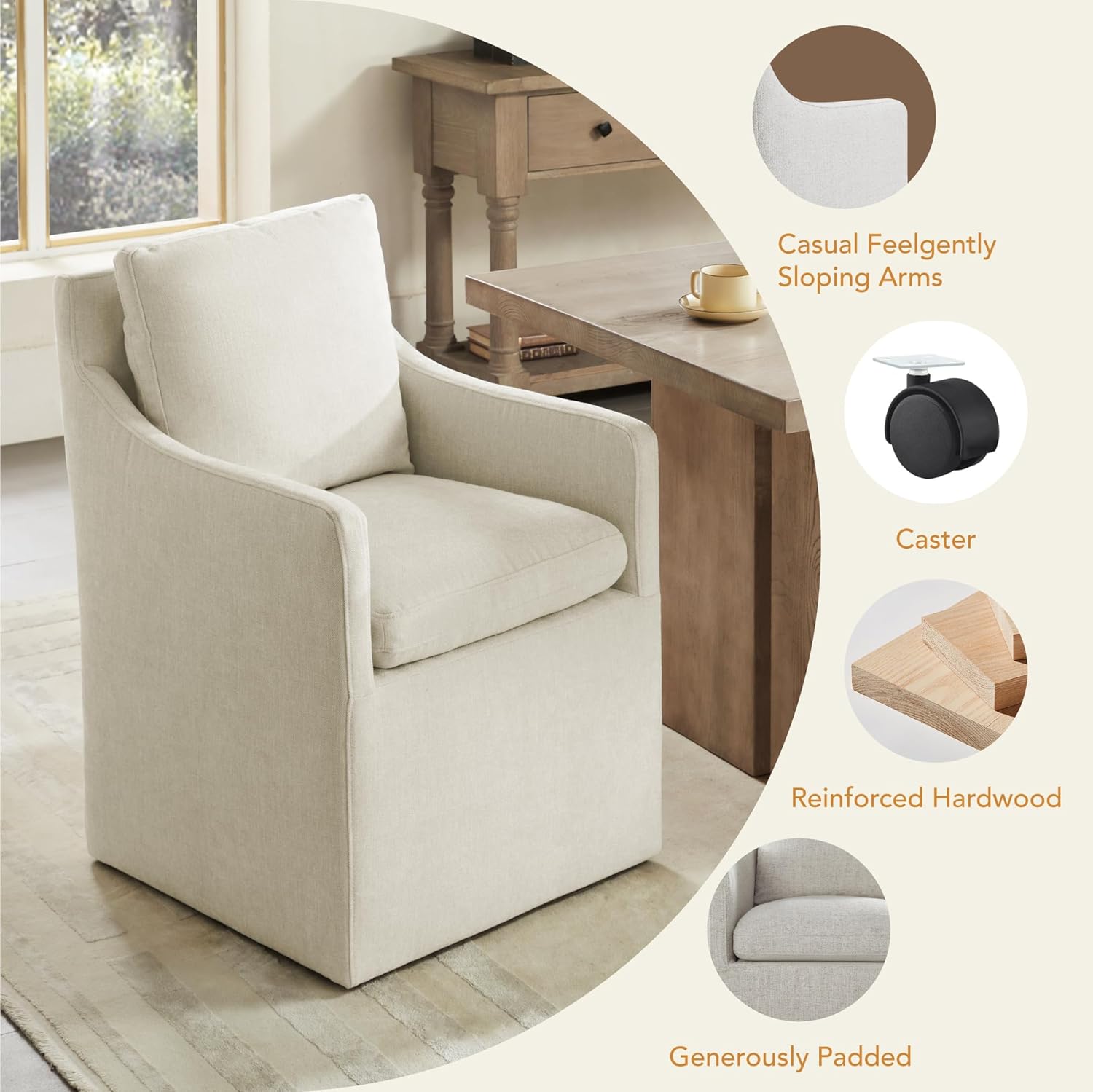 KISLOT Upholstered Dining Chairs with Casters, No Assembly Modern Accent Armchair with Rollers for Dining Room, Bedroom, Living Room, Reading Room, Already Assembled, Beige, 2 Box