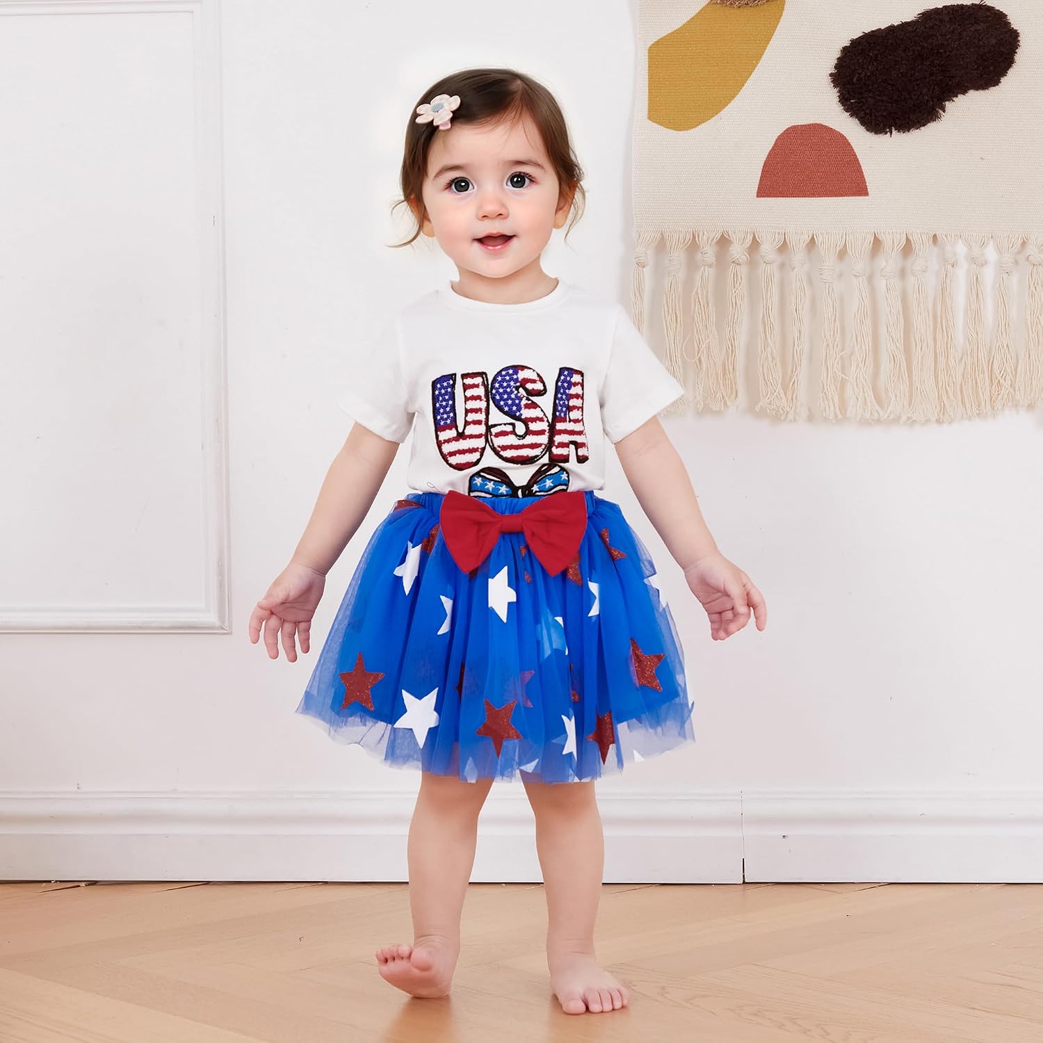 4th of July Toddler Baby Girl Clothes Bow Embroidery T-Shirts and Skirt Dress My First 4th of July Baby Girl Outfit