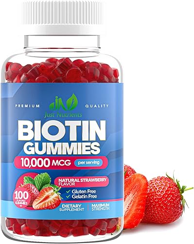 Biotin - Gomitas de 10,000 mcg para el crecimiento del cabello, la piel y las uñas (100 unidades) – 2 vitaminas de biotina de máxima fuerza para