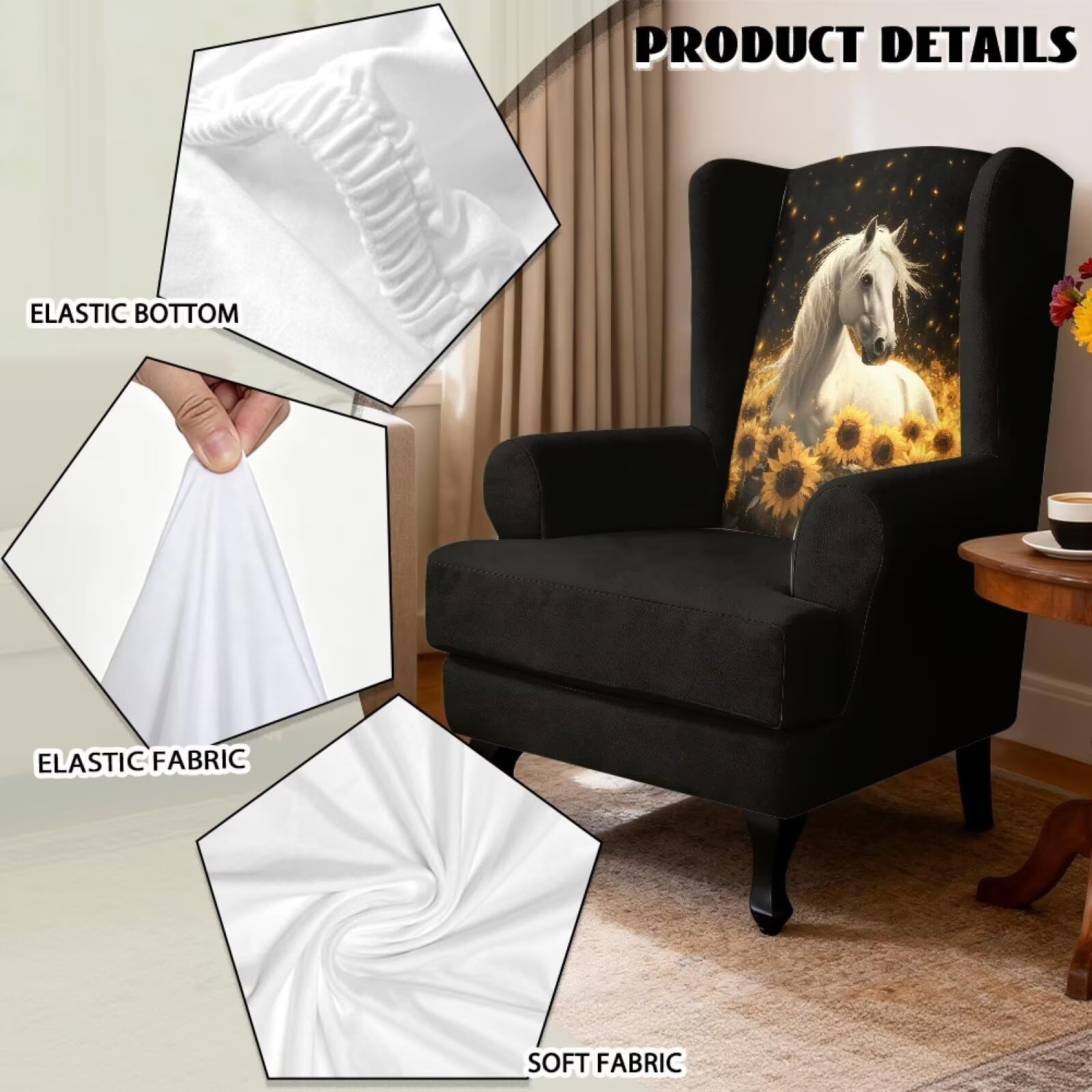 Xoenoiee Funda elástica para silla de ala con estampado de girasol y caballo, 2 piezas, fundas elásticas para sillas de respaldo alado, protector antideslizante para muebles para sala de estar