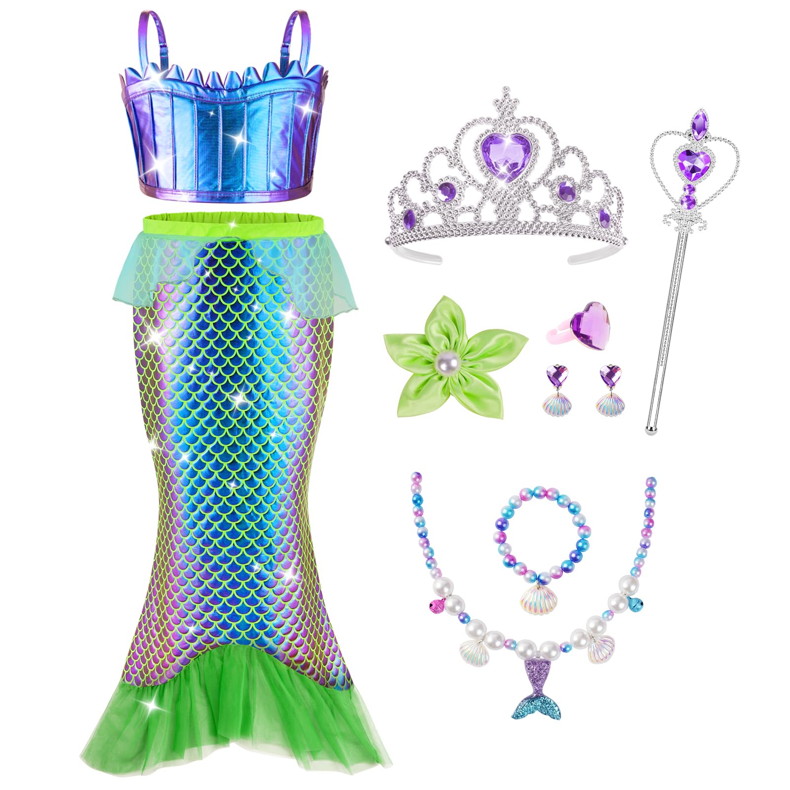 AOOWU Mermaid Costume Kids, Princess Mermaid Dress Set with Accessories, Little Mermaid Princess Costumes Fancy Dress Up for World Book Day, Ariel Mermaid Glitter Girls Costume for Cosplay Birthday