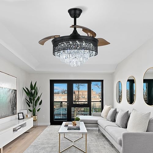 Miniatura 2 de Jenvkoil Ventilador de araña de cristal de 42 pulgadas, lámpara regulable, moderna, color negro, con luces y control remoto para dormitorio,
