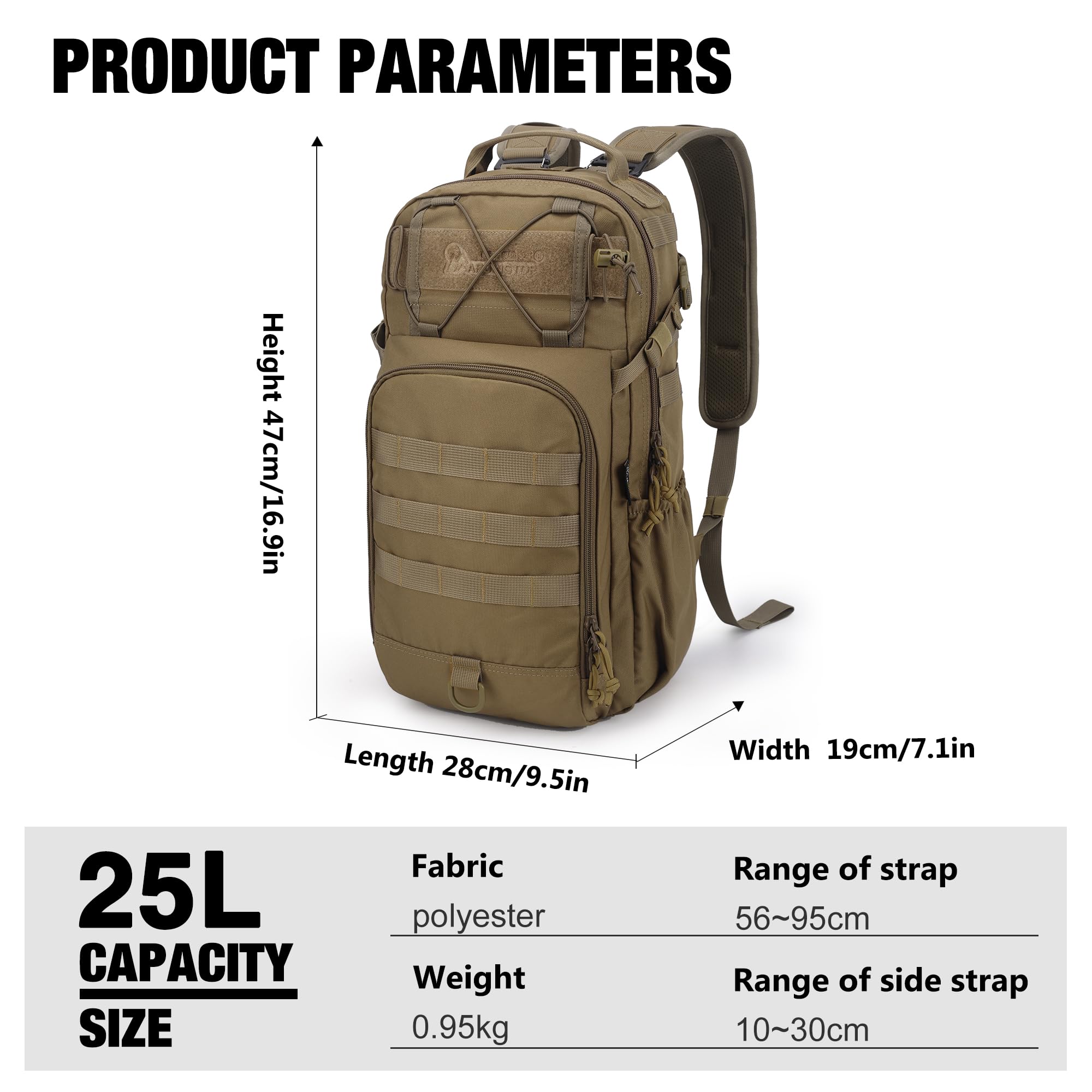 Mardingtop Plecak taktyczny męski 18 l/25 l, ze zdejmowanymi szelkami, Khaki 25L, 25L, Taktyczne