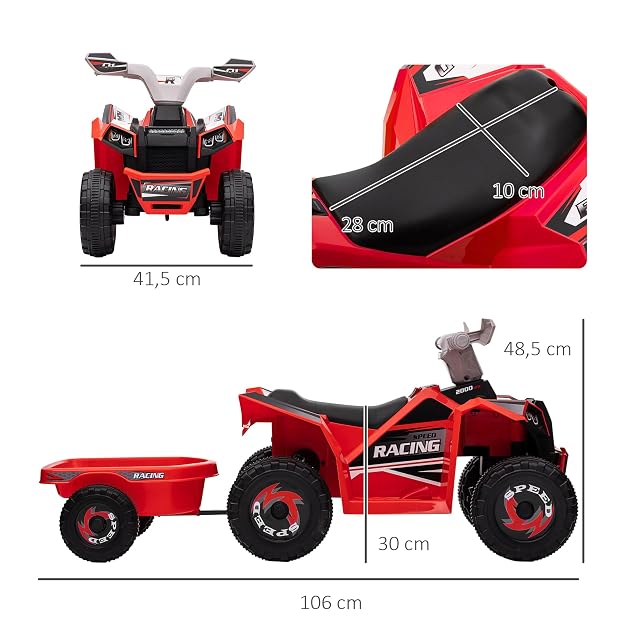 Foto 7 de 8 de HOMCOM Quad Eléctrico para Niños con Remolque 6V 18-36 Meses 2,5 km/h Rojo