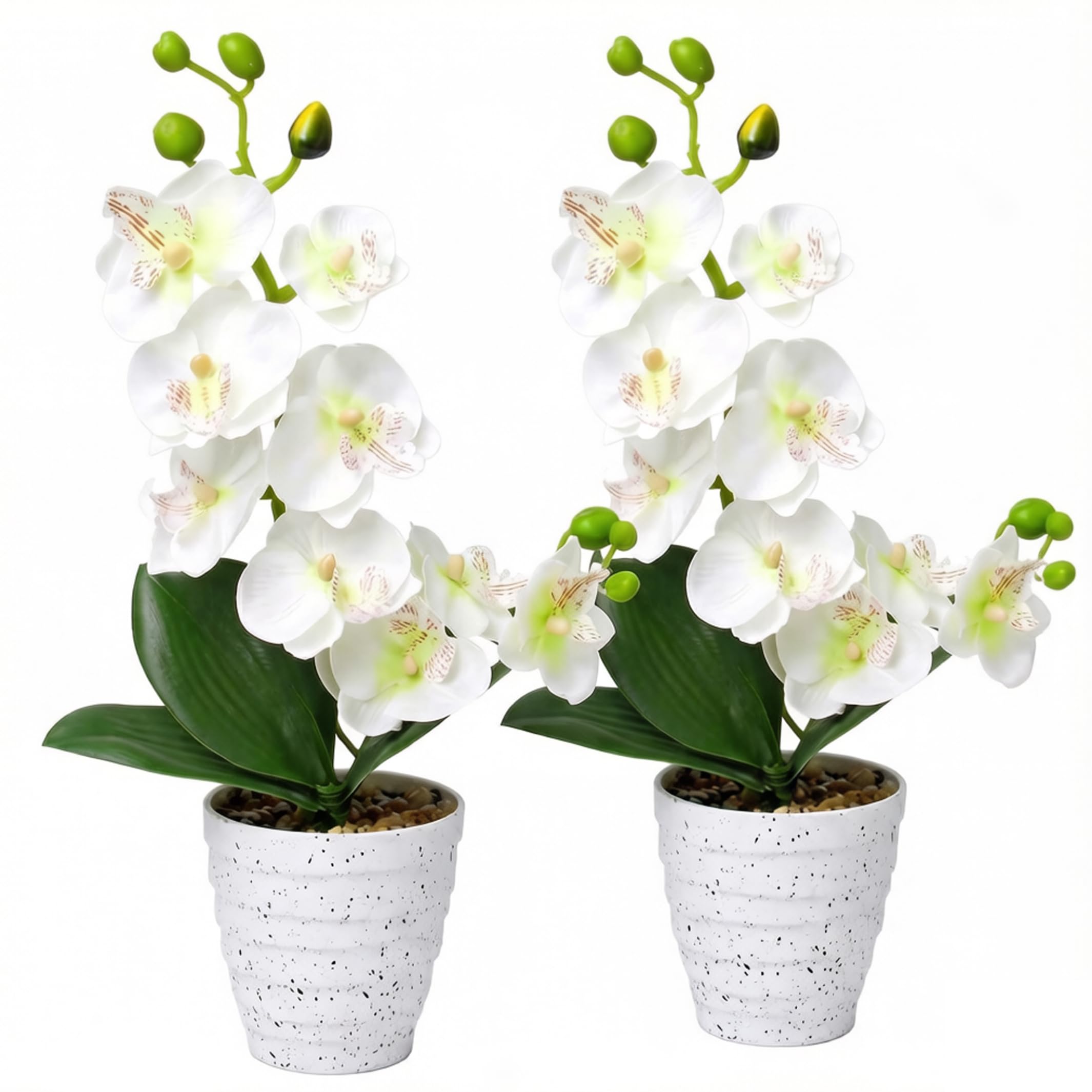 Wilafury 2Pcs Artificial Orchids, 32cm Realistic Faux Orchid Potted Flowers, Lifelike Silk Orchid Plant for Wedding Table Centerpiece, Faux Flowers in Vase, White